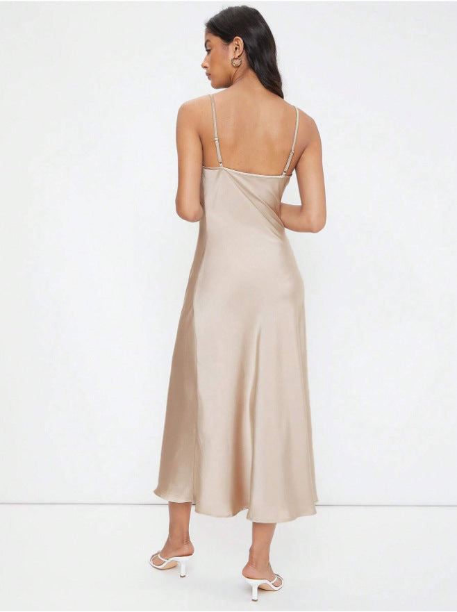 Women Clothing Spring Summer Satin Sling Deep V Plunge neck Slim Solid Color Dress by Ragazza
