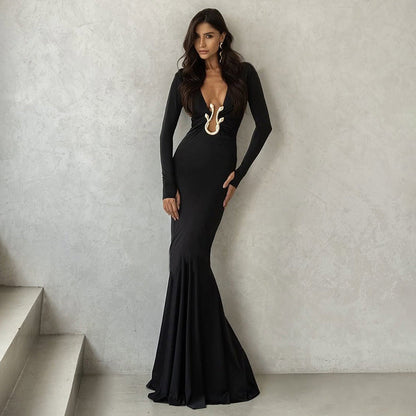 Women Clothing Autumn Solid Color Sexy Deep V Plunge neck Hollow Out Cutout Slim Long Sleeve Dress by Ragazza