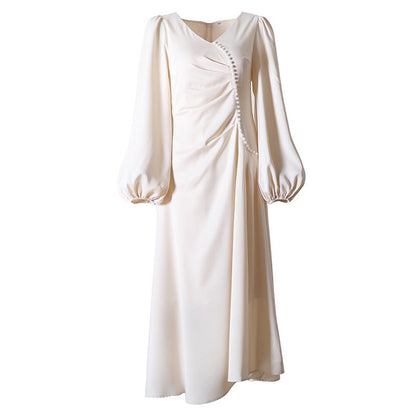French Retro Lantern Sleeve V Neck Sexy Beaded Waist Slimming Glossy Satin Dress Women by Ragazza