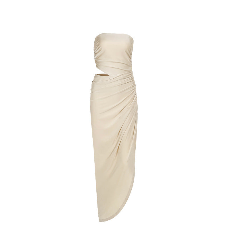 Spring Maxi Dress Elegant Slim Tube Top Hollow Out Cutout Pleated Dress by Ragazza