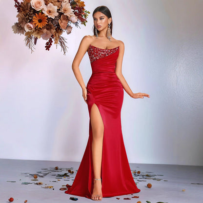 Solid Color Tube Top Sequined Rhinestone Evening Dress Slit Slim Fitting Ladies Cocktail Elegant Dress by Ragazza