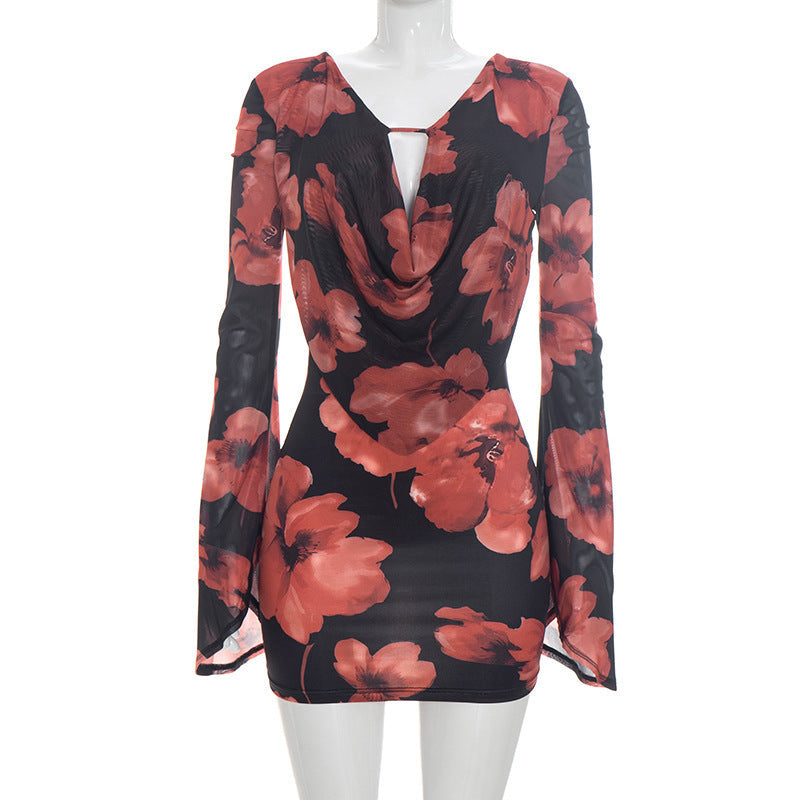 Women Clothing Autumn Mesh Floral Pattern Bell Sleeve Mini Backless Lace up Dress  DestGlow