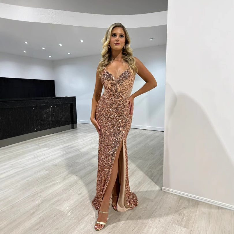 Sequined Split Sexy Sling Dress Waist Controlled Cocktail Dress Slim Fit Maxi Dress by Ragazza