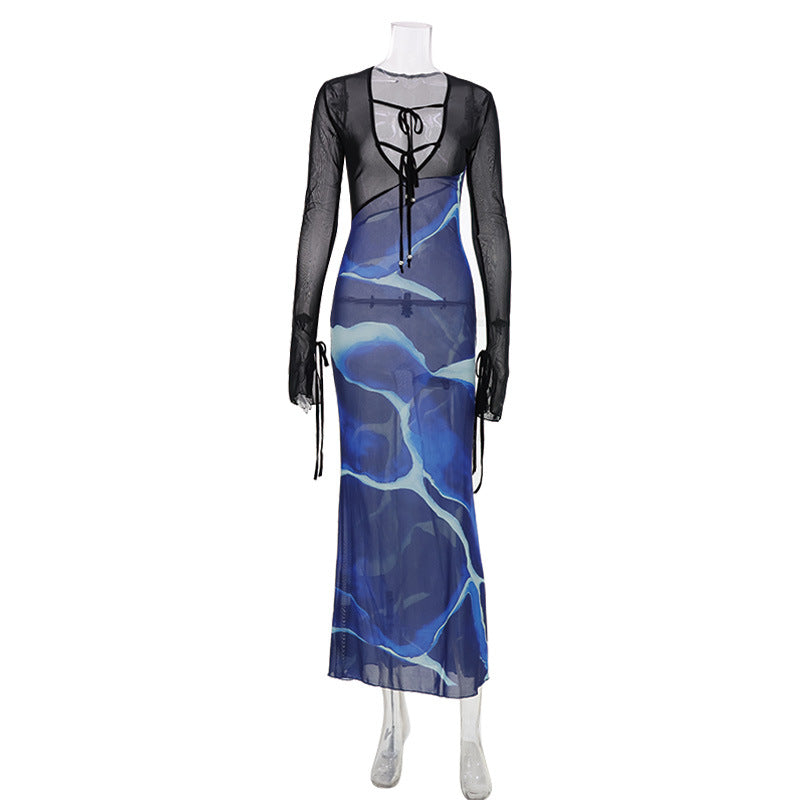 Personalized Design Women Clothing Stitching Printing Deep V Plunge neck Slim Dress Trendy Long Dress Women  DestGlow