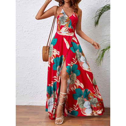 Real Shot Tropical Printing Thigh Fork Sling Dress by Ragazza