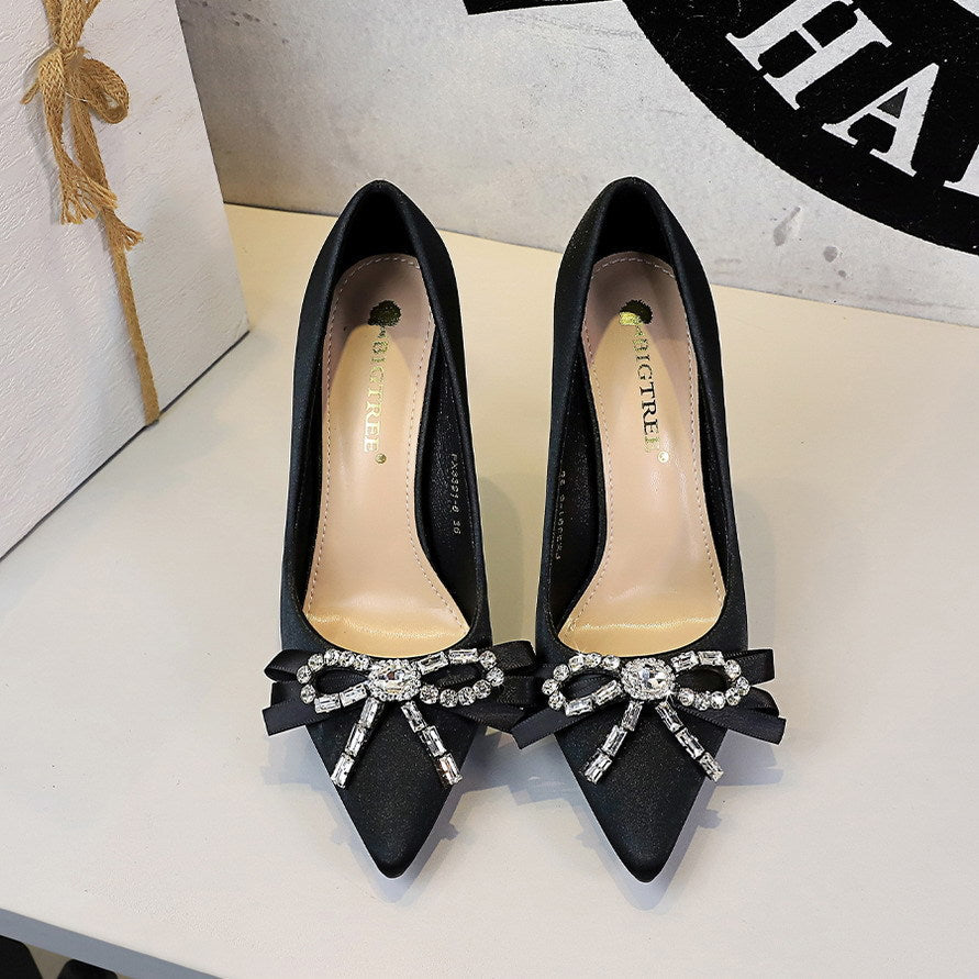 French Elegant Rhinestone Bow Super High Heel Women Shoes Pointed Toe Shallow Mouth Stiletto Heel Pumps