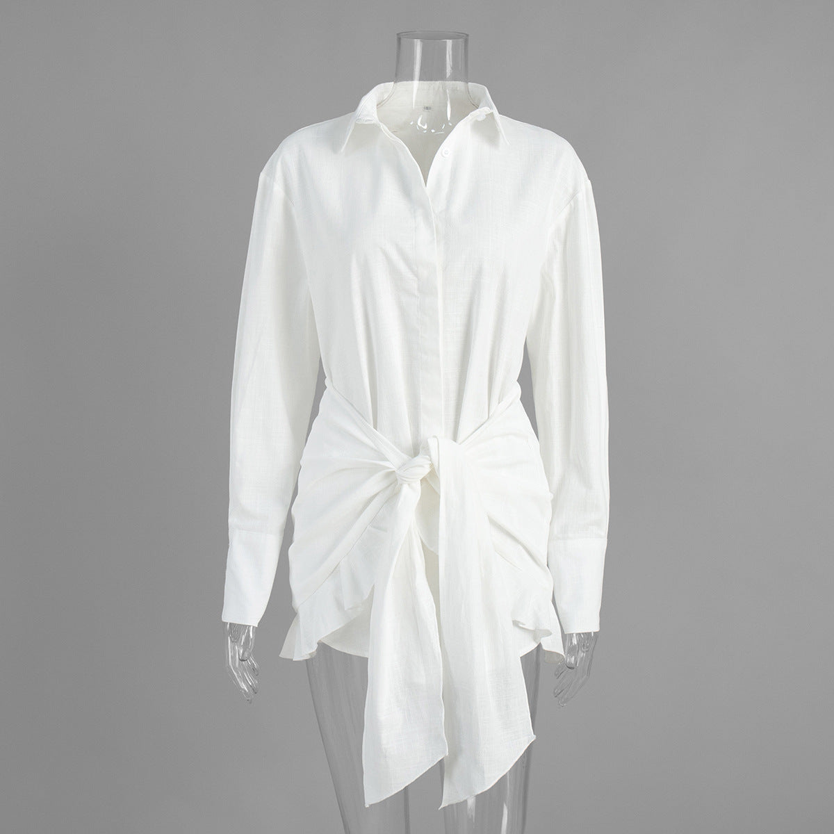 Shirt Dress Summer Vacation Lazy Solid Color Tied Collared Sheath Shirt Dress  DestGlow