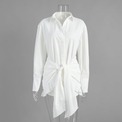 Shirt Dress Summer Vacation Lazy Solid Color Tied Collared Sheath Shirt Dress  DestGlow