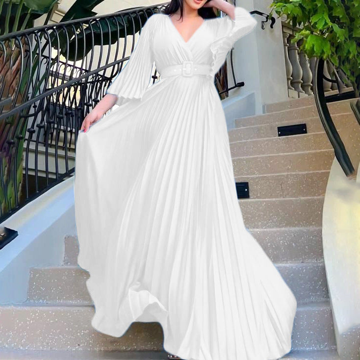Women Clothing V neck Sexy Pleated Formal Swing Dress Maxi Dress by Ragazza