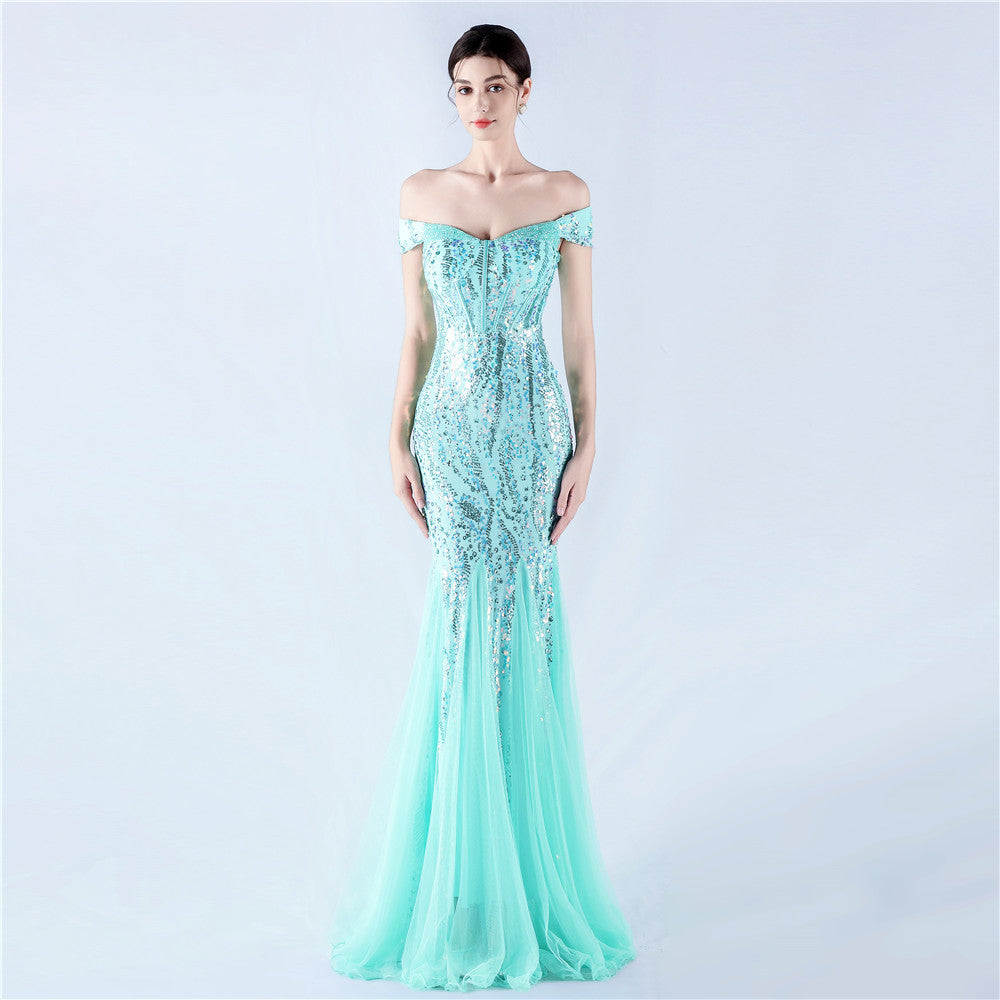 Dress Craft Beaded Mesh Sequin Evening Dress Annual Meeting Performance Host by Ragazza