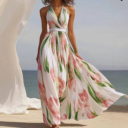 Spring Summer Seaside Romantic Vacation Women Clothing Printed V neck Backless Waist Trimming Elegant A line Dress by Ragazza