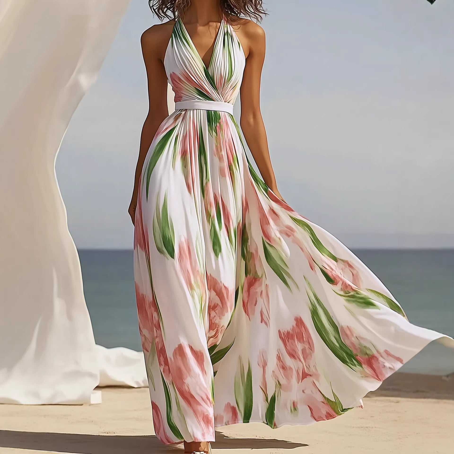 Spring Summer Seaside Romantic Vacation Women Clothing Printed V neck Backless Waist Trimming Elegant A line Dress by Ragazza
