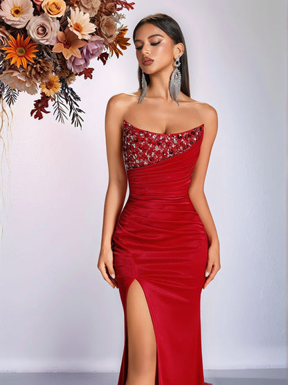 Solid Color Tube Top Sequined Rhinestone Evening Dress Slit Slim Fitting Ladies Cocktail Elegant Dress by Ragazza