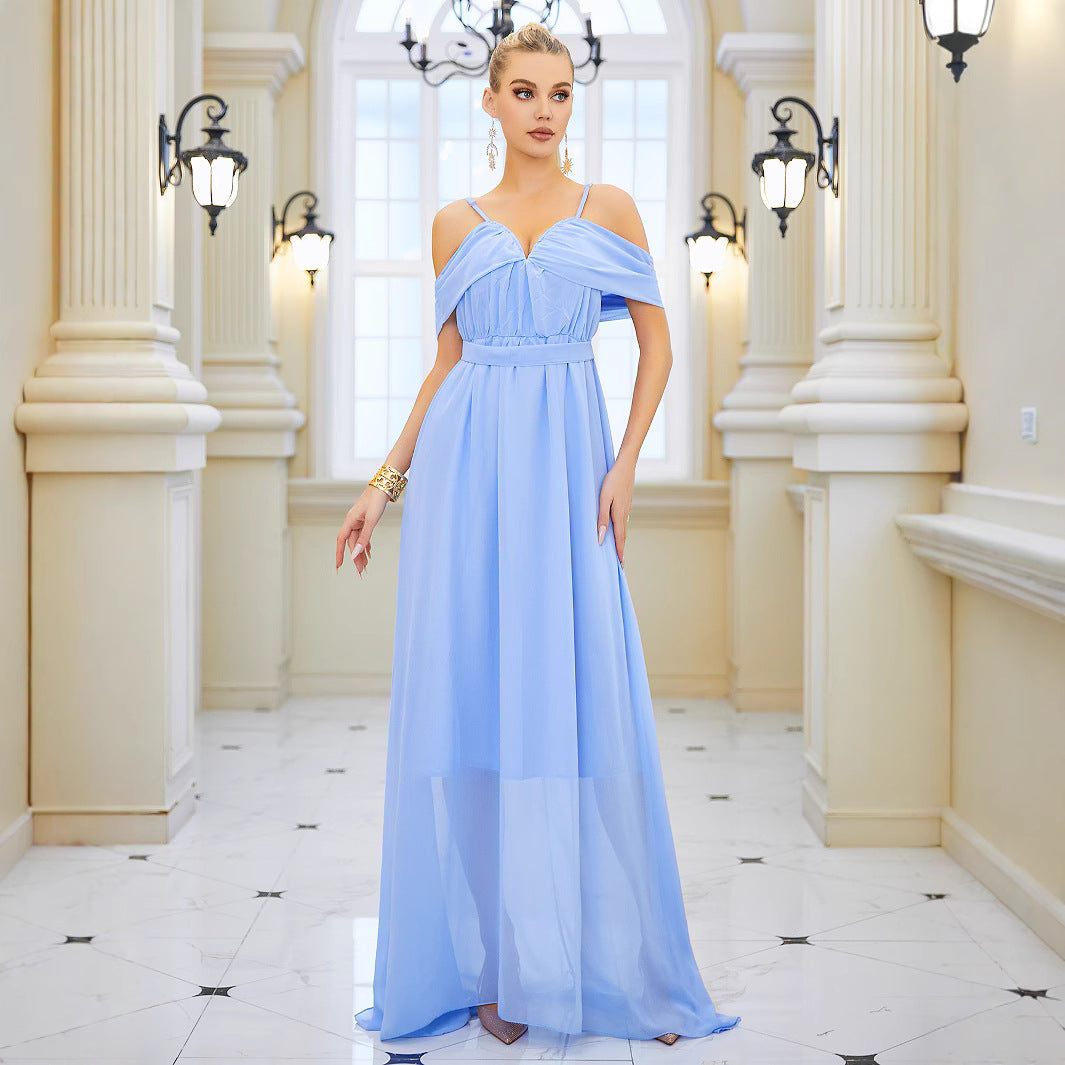 Solid Color Chiffon V neck Strap Long Elegant Slim Long Dress by Ragazza