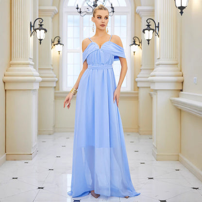 Solid Color Chiffon V neck Strap Long Elegant Slim Long Dress by Ragazza