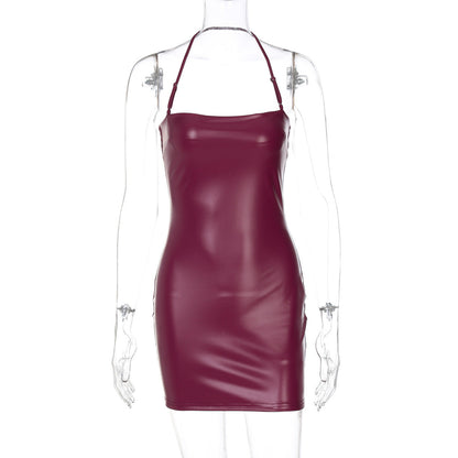 Women Clothing Spring Faux Leather Sexy Solid Color Tube Top Halter Sexy Tight Hip by Ragazza