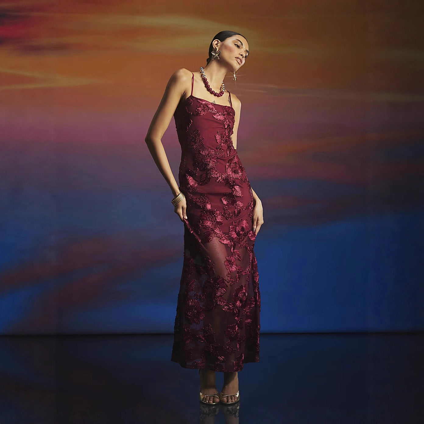 Embroidered Strap Lace up Backless Low Cut Elegant Maxi Dress by Ragazza