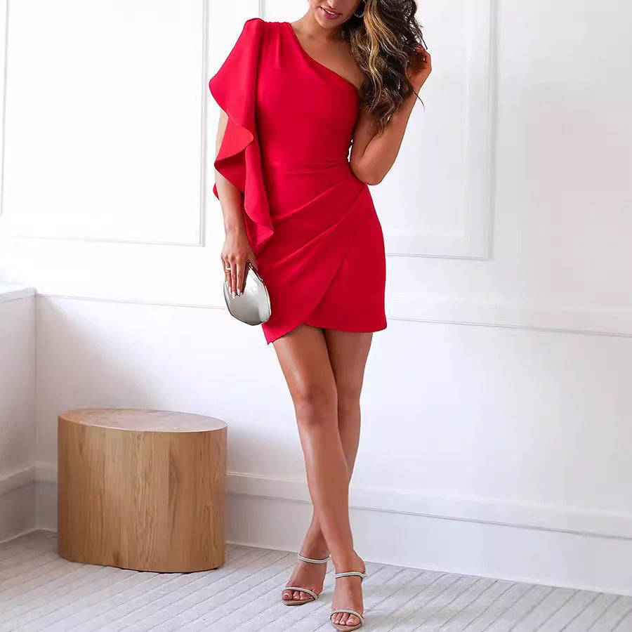 Ruffled One Shoulder Solid Color Sexy Dress Cocktail Evening Dress Women by Ragazza