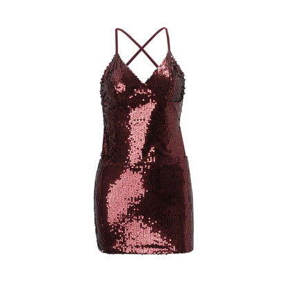 Women Clothing Sexy Bare Back Nightclub Sexy Sequined Lace up Sheath Short Dress by Ragazza