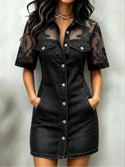 Summer Women Casual Patchwork Lace Denim Mini Dress  DestGlow
