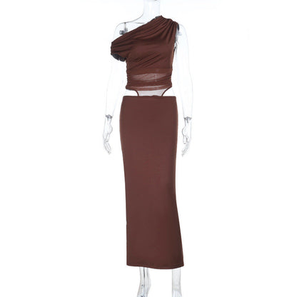 Off Shoulder Mesh Stitching Hollow Out Cutout Dress Women Sexy Slim Fit Maxi Dress by Ragazza