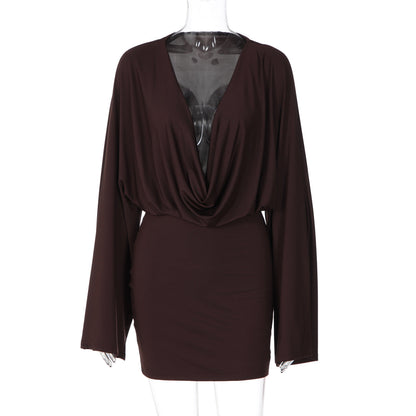 Women Sexy Low Cut Deep V Plunge neck Solid Color Long Sleeve Waist Slimming Sheath Dress  DestGlow
