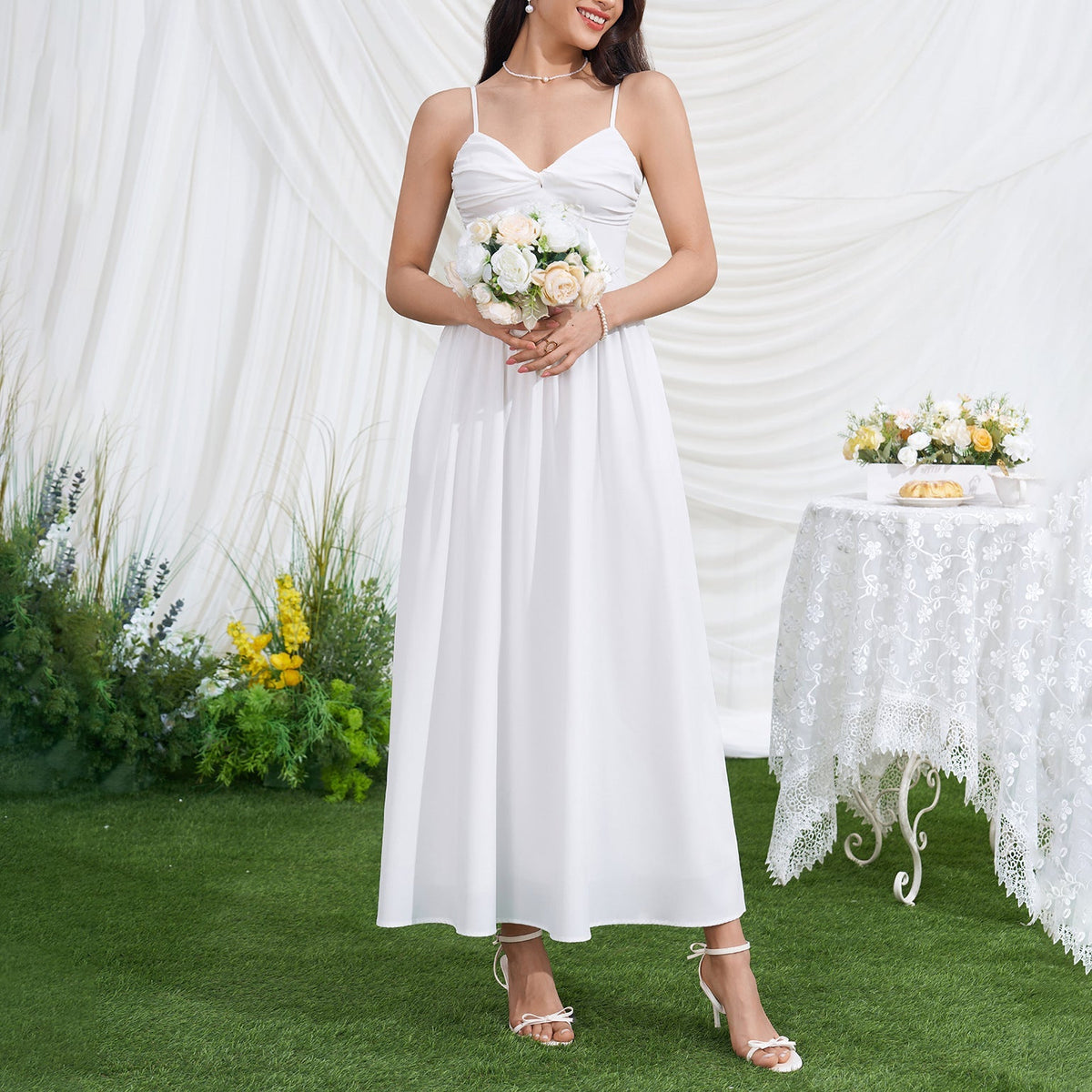 Women Sexy V neck Backless Waist Trimming Slimming Smocking Dress  DestGlow