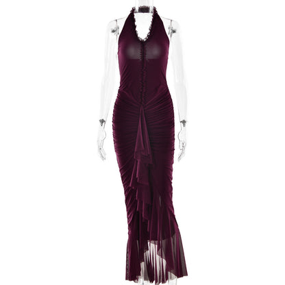 Arrival Sexy Halter Dress Summer Deep V Plunge Ruffled Slit Pleated Dress by Ragazza