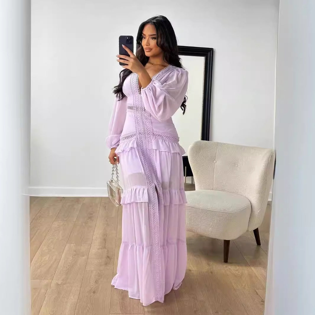 Autumn Winter Elegant Stitching Long Sleeve V Neck Dress Women Dress by Ragazza