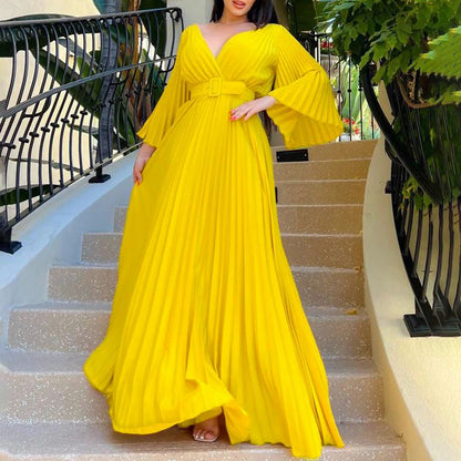Women Clothing V neck Sexy Pleated Formal Swing Dress Maxi Dress by Ragazza