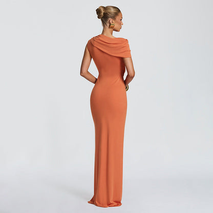 Women Clothing Summer Solid Color Casual One Shoulder Short Sleeve Lace Up Hollow Out Cutout Out Slim Fit Maxi Dress  DestGlow