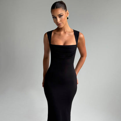 Women Clothing Spring Summer Slim Fit Square Collar Sleeveless Waist Slimming Dress by Ragazza