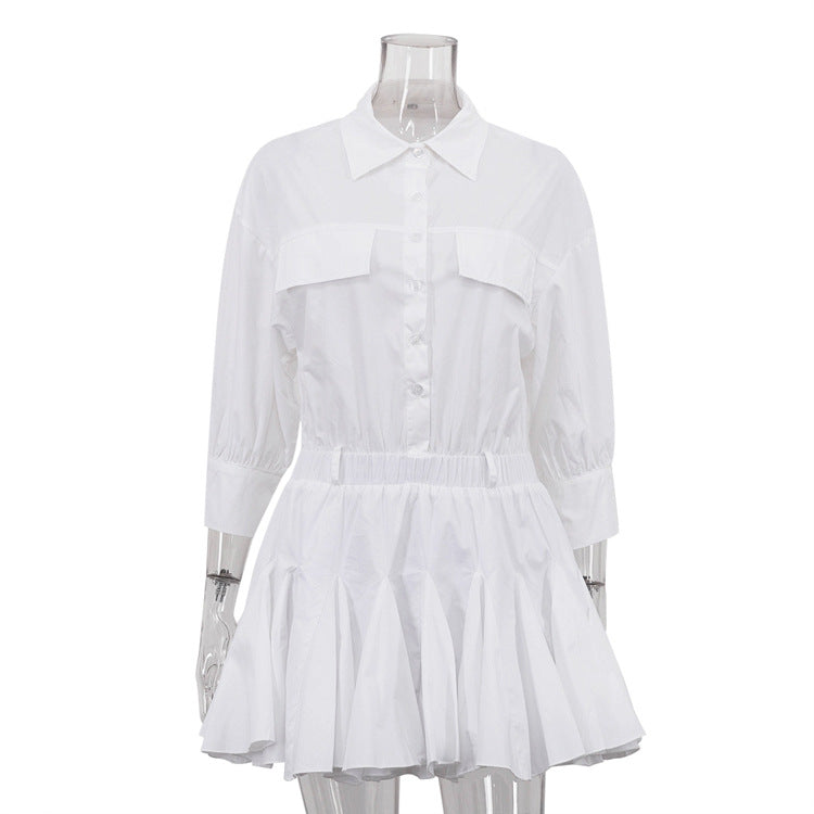 Women Clothing Casual Short A line Dress Cotton Collared 3/4 Sleeve French Shirt Dress by Ragazza