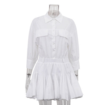 Women Clothing Casual Short A line Dress Cotton Collared 3/4 Sleeve French Shirt Dress by Ragazza