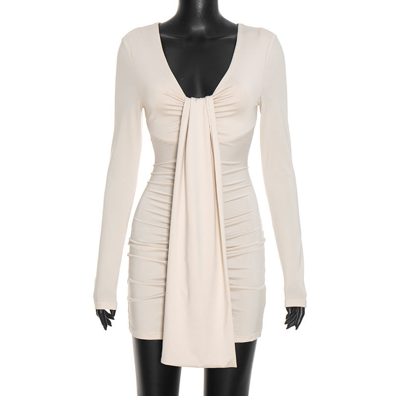 Women Clothing Autumn Solid Color Casual Long Sleeves Pleated Draped Ribbon Slim Fit Short Dress  DestGlow