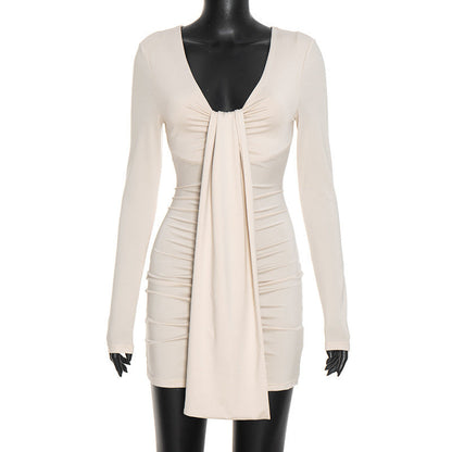 Women Clothing Autumn Solid Color Casual Long Sleeves Pleated Draped Ribbon Slim Fit Short Dress  DestGlow