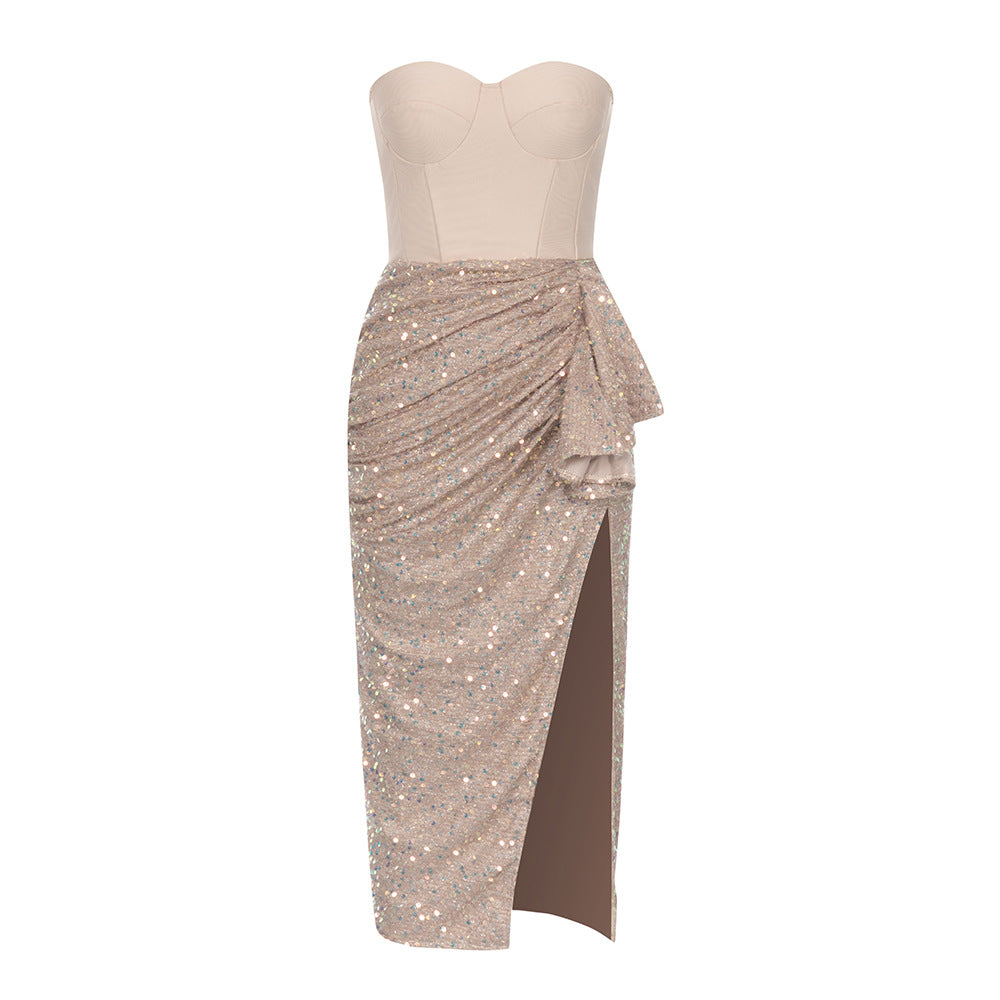 Bandage Dress Simple Sexy Tube Top Backless Stitching Sequ High Slit Ruffled Slim Dress Women Dress by Ragazza