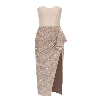 Bandage Dress Simple Sexy Tube Top Backless Stitching Sequ High Slit Ruffled Slim Dress Women Dress by Ragazza
