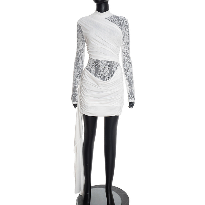 Women Clothing Autumn Winter Solid Color Stitching Lace round Neck Slim Fit Long Sleeved Ribbon Short Dress by Ragazza