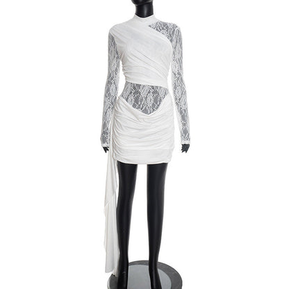 Women Clothing Autumn Winter Solid Color Stitching Lace round Neck Slim Fit Long Sleeved Ribbon Short Dress by Ragazza