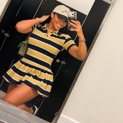 Summer Women Clothing Polo Collar Vintage Stripe Sports Short Sleeve Dress  DestGlow