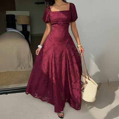 Retro Square Collar Puff Sleeve Jacquard Waist Dress Women Clothing Summer  DestGlow
