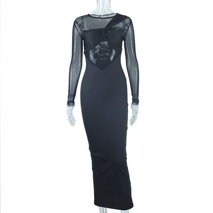 Women Clothing round Neck Mesh Stitching Long Sleeves Mid Length Tight Dress by Ragazza
