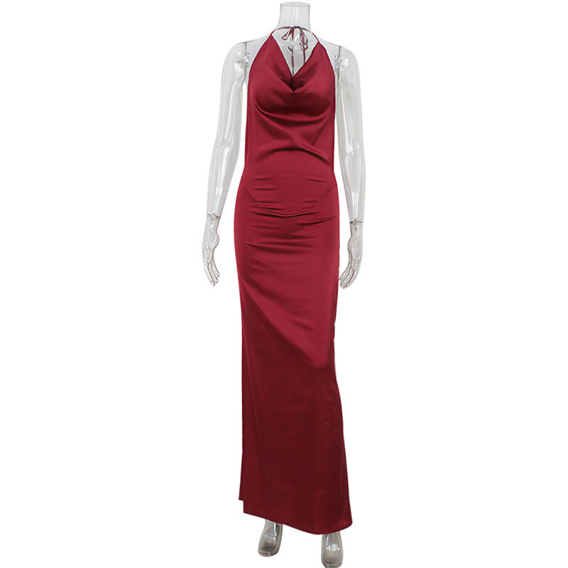 Low Cut Halter Swing Collar Sexy Backless Wine Red Slim Fit Graceful Satin Dress by Ragazza