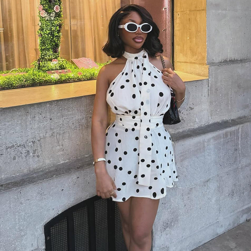 Women Wear Waist Pleated Polka Dot A line Dress Printed Halter Short Dress by Ragazza