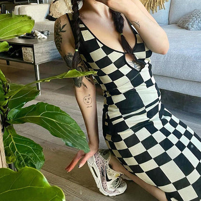Maillard Summer Women Clothing Low Cut V neck Sexy Hollow Out Cutout out Sleeveless Vest Plaid Knitted Dress  DestGlow