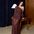 Women Dress Mesh Stitching Pleated Solid Color Long Sleeve Slim Fit Maxi Dress by Ragazza