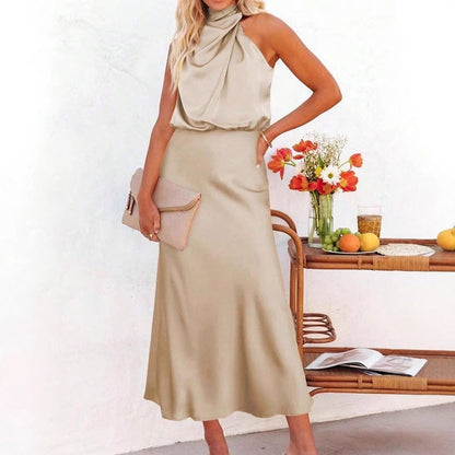 Spring Summer Long Satin Dress Women Clothing Sleeveless Satin Dress by Ragazza