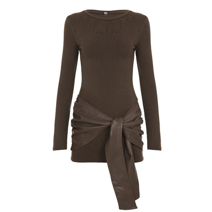 Women Solid Color Leather Stitching Tight Long Sleeved Dress Mature Sexy Pullover Sheath Lace Dress by Ragazza
