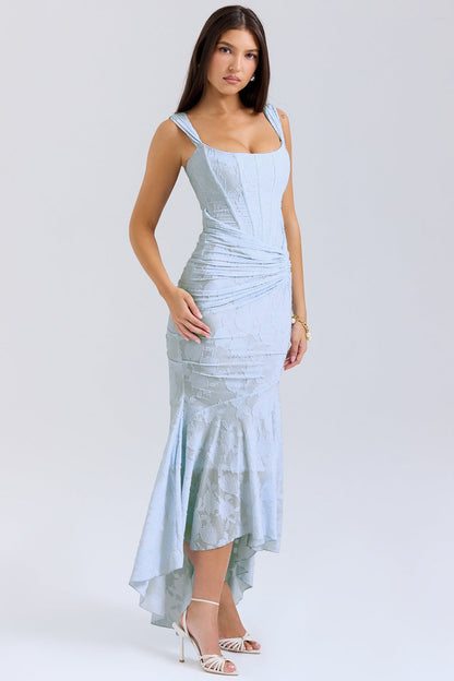 Autumn Square Collar Elastic Net Jacquard Pleated Sleeveless Fishtail Cami Dress by Ragazza